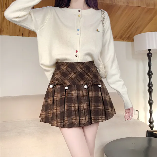 Plaid Pleated Women's Autumn And Winter High Waist Umbrella Culottes Short Skirt Khaki - Shop at LoveMi