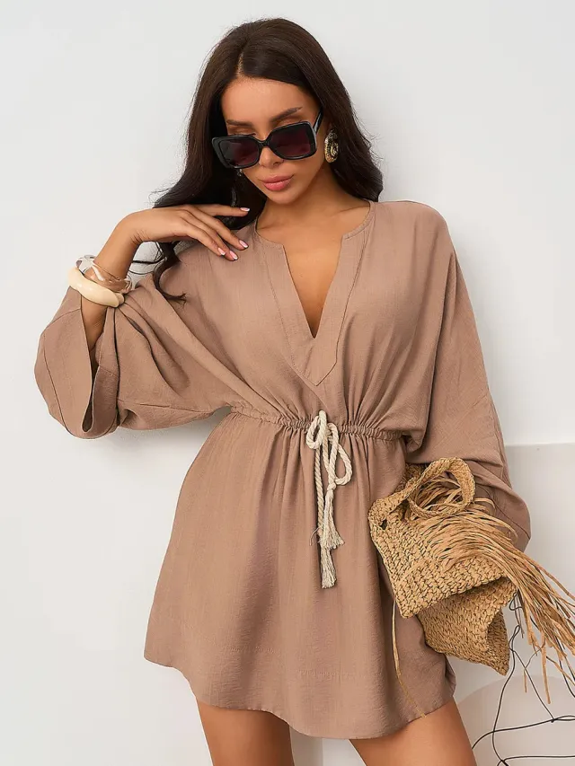 Solid Color Loose V neck Long sleeved Shirt Dress Caramel Xsorl - Shop at LoveMi