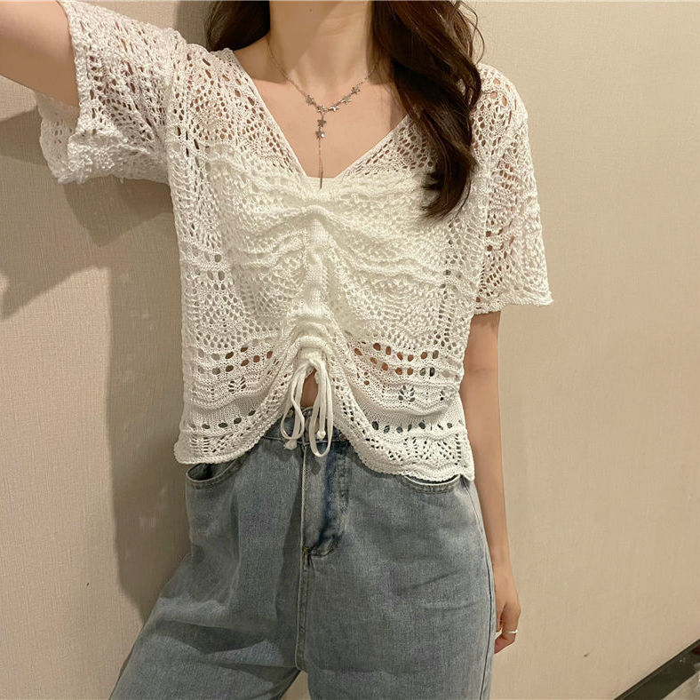 Drawstring V Neck Short Sweater White - Shop at LoveMi