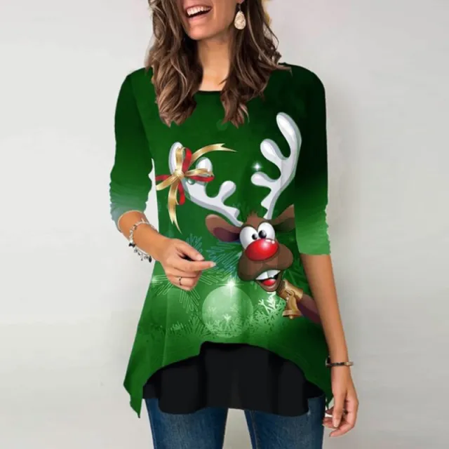 Loose Oversized Long Sleeves Elk Christmas Printed T shirt Green - Shop at LoveMi