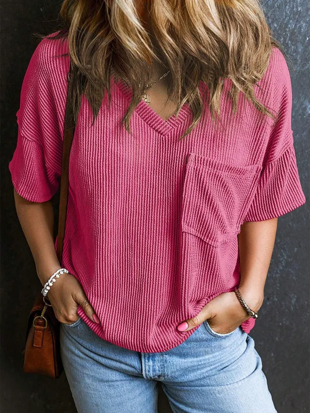 Fashionable Two tone Pullover Short Sleeve V neck Top For Women Red - Shop at LoveMi