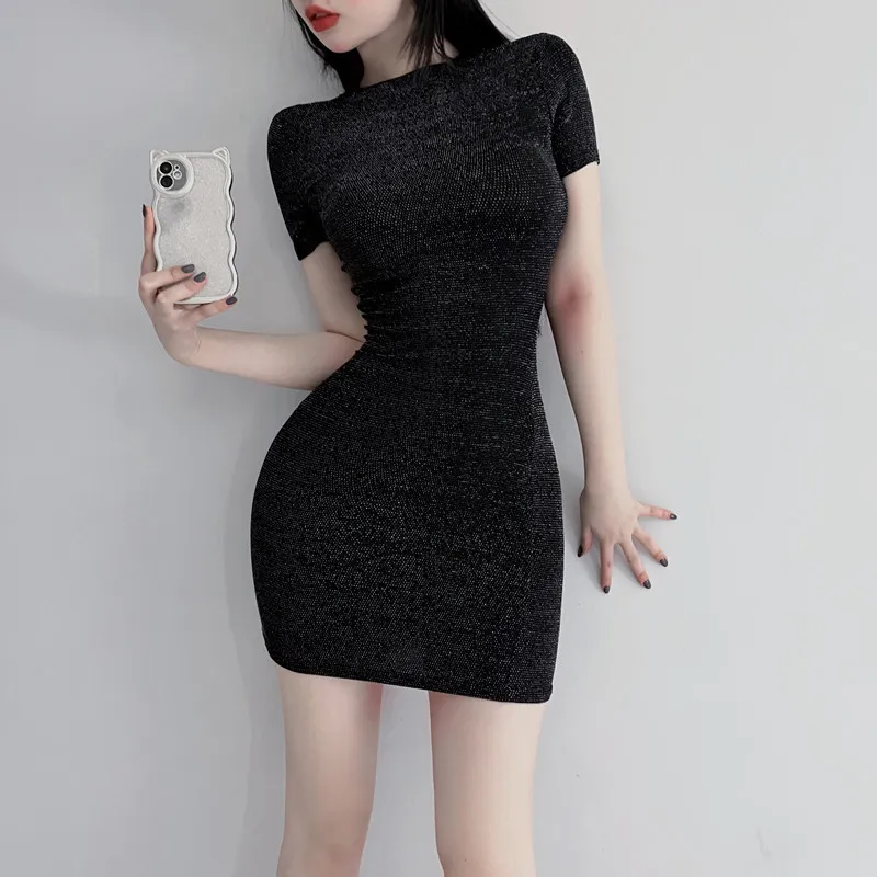 Women's Shiny Silk Slim Fit Dress - Short Sleeves And Skirt-Xl