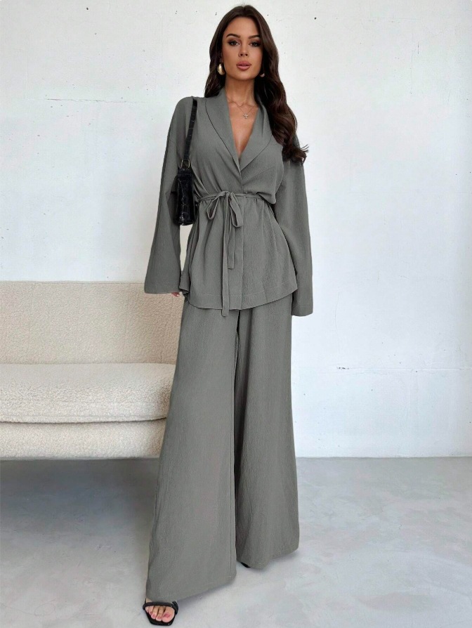 Women's V-Neck Long Sleeve Top and Wide Leg Pants Set - Elegant Two Piece Outfit for Fall Winter Casual Wear
