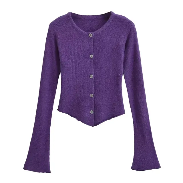 Women's Round Neck Single breasted Bell sleeve Sweater Purple - Shop at LoveMi