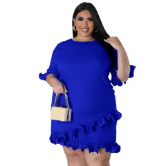 Slim-fit Round-neck Solid-colour Casual Dress With Ruffled Hem - Blue - View 1