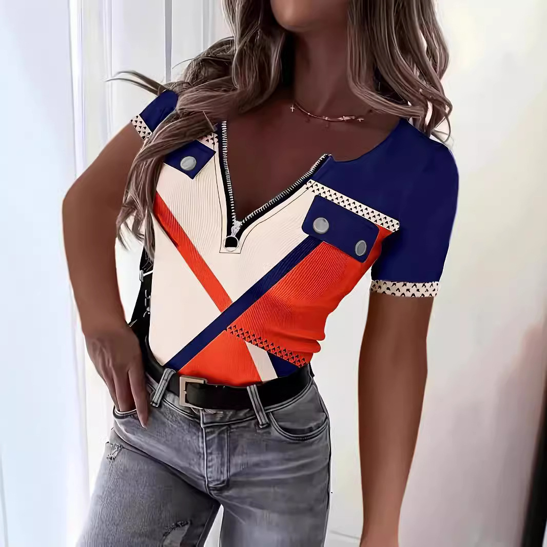 Womens Fashionable Printed Slim-Fit Zip-Up T-Shirt