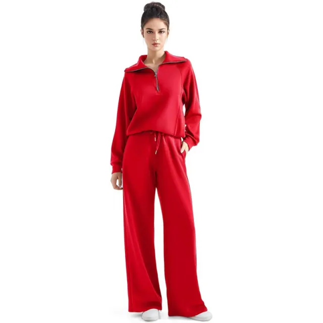 Autumn And Winter Fashion Casual Sportswear Set With Zippered Long sleeve Hoodie And Wide leg Pants Red - Shop at LoveMi