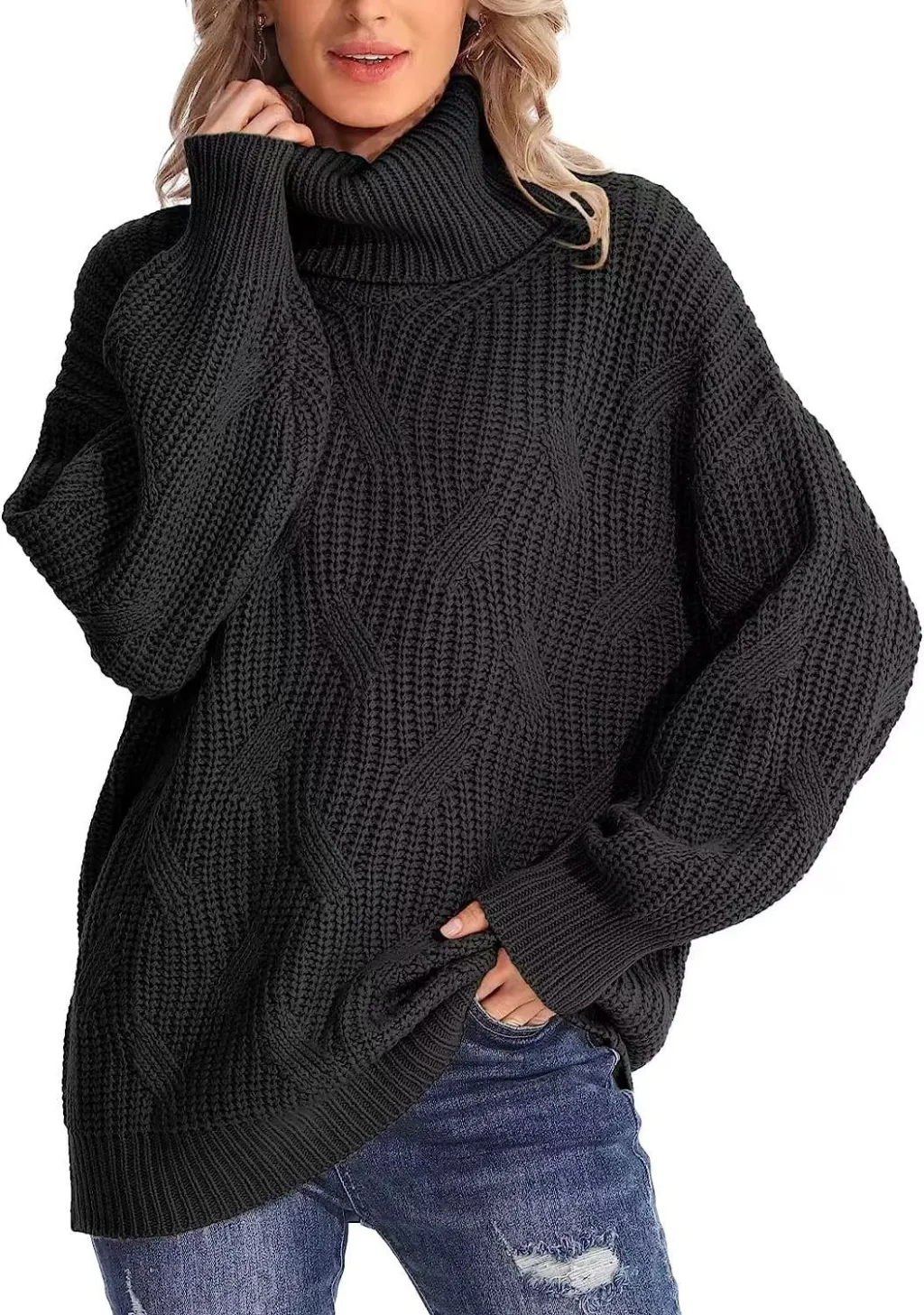 Women's Fashion Loose High Collar Twisted Knitted Sweater Pullover Long Sleeve - Black