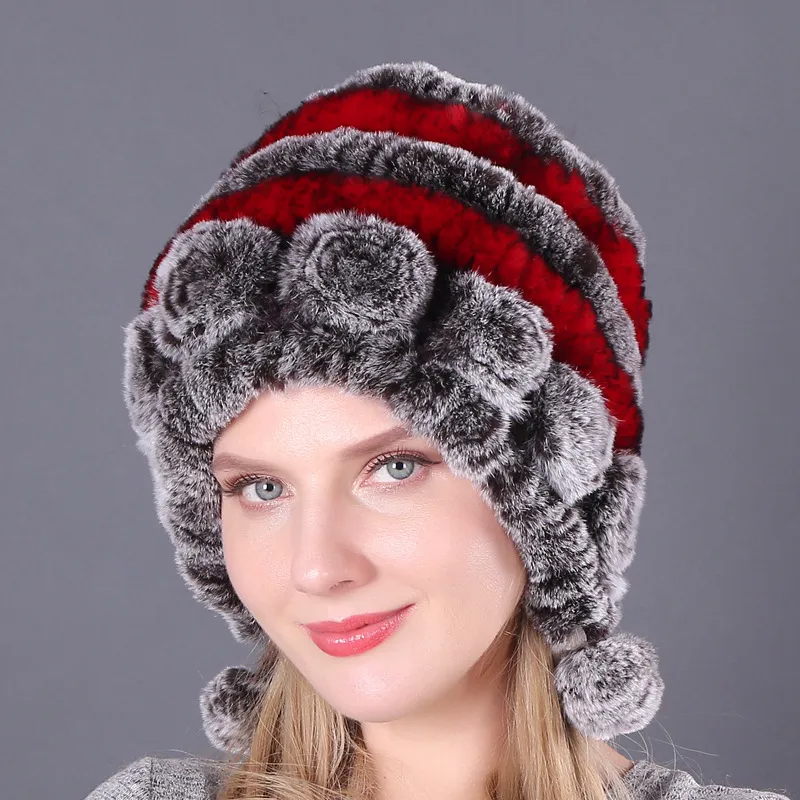 Warm Thickened Earflaps Fur Rex Rabbit Fur Hat Three Balls Autumn And Winter - Colour 5