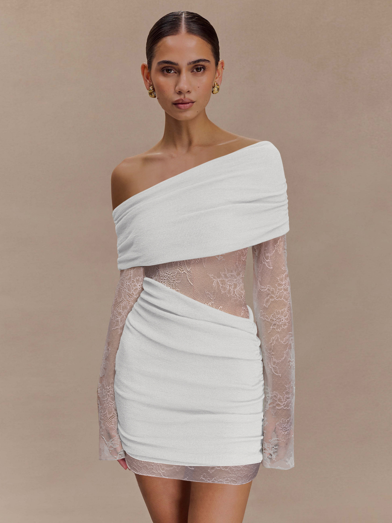 Hit Long sleeve Off shoulder Sexy Bodycon Pleated Dress White - Shop at LoveMi