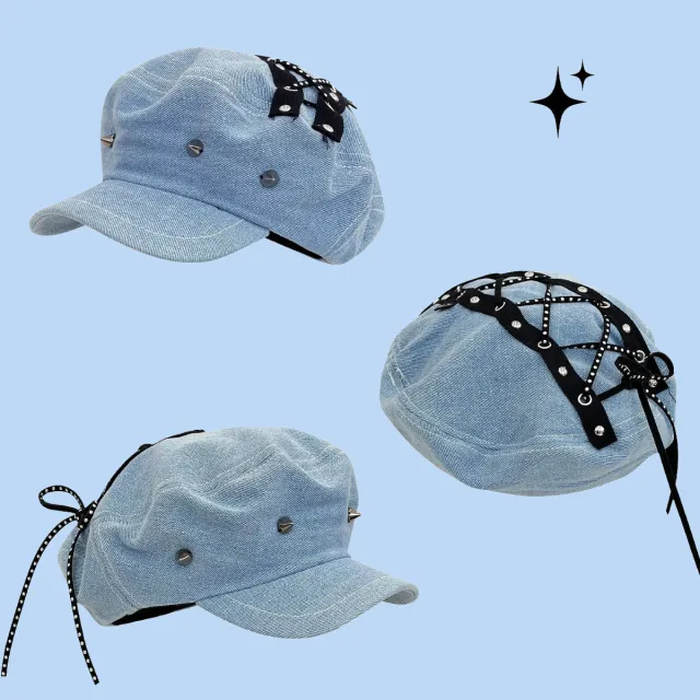 Denim Octagonal Cap Women's New All match Plain Face Fashion Small Face Light Blue - Shop at LoveMi