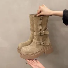 Womens Matte Boots In British Style With Thick Soles - Khaki - View 1
