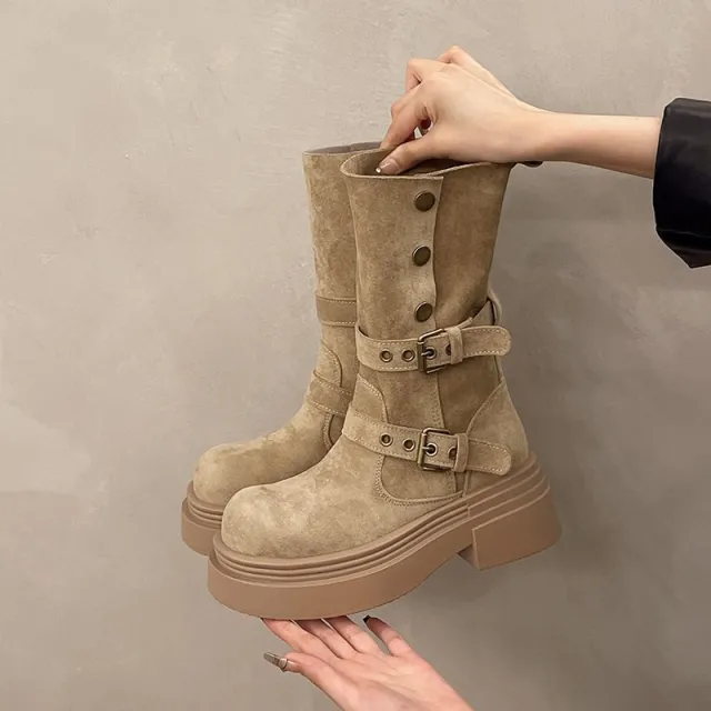Womens Matte Boots In British Style With Thick Soles Khaki - Shop at LoveMi