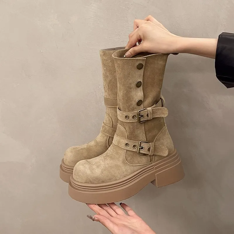 Womens Matte Boots In British Style With Thick Soles - Khaki
