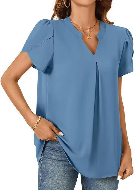 Women's Simple Fashion Loose V neck Petal Sleeve Short Sleeve Shirt Blue - Shop at LoveMi