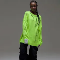 European And American Leisure Ripped Round Neck Sweater For Women Autumn And Winter - Green - View 1