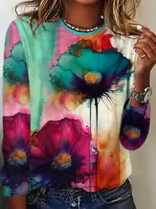 European And American Round Neck Long Sleeve Gradient Floral Print 02 Style - Shop at LoveMi