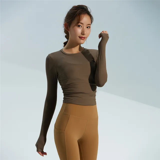 Autumn New Breathable Quick drying Yoga Long sleeved Women's Slim fit Skin friendly Sports Top Coffee - Shop at LoveMi