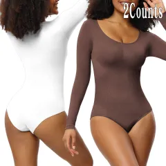 Jumpsuit Women's Bottoming Shirt Long Sleeve Corset One-piece Corset - Brown And White 2Pcs Set - View 1