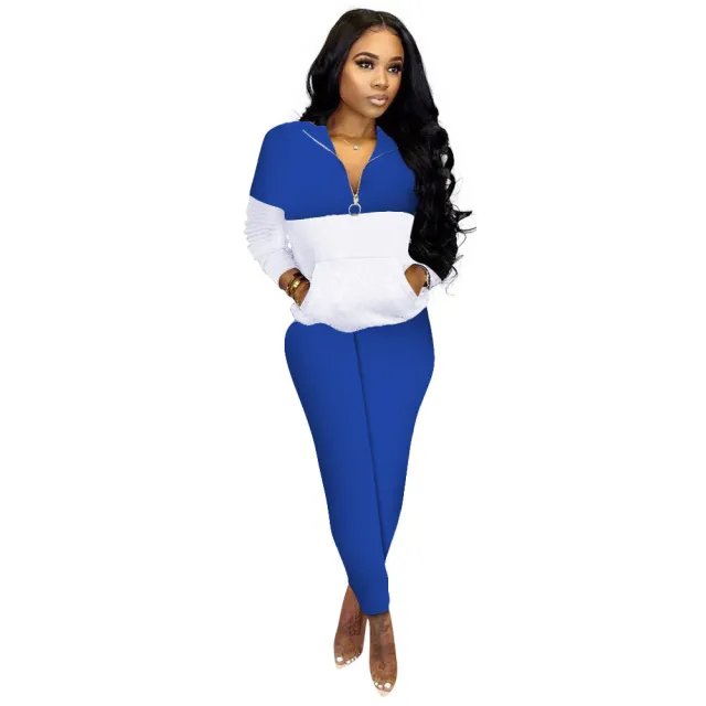 Women's Fashion Casual Solid Color Stitching Long sleeved Trousers Two piece Set Blue - Shop at LoveMi