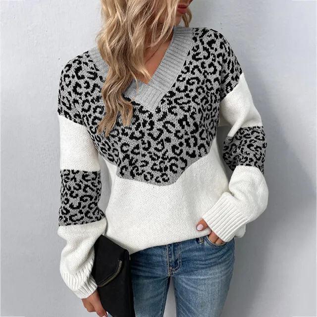 Fur Rain V neck Pullover Contrast Color Leopard Print Sweater Gray Leopard Print - Shop at LoveMi
