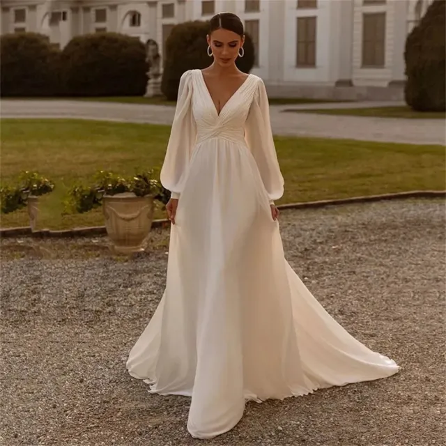 Bridal Chiffon Deep V Satin Long Sleeve Light Yarn Gown - Shop at LoveMi