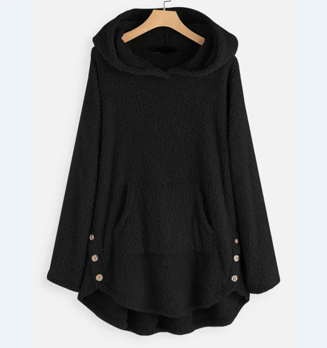 Hooded Pullover Long Sleeve Double sided Fleece Mid length Women's Sweater Black - Shop at LoveMi