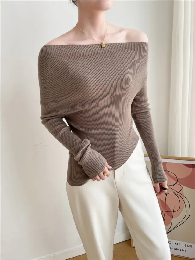 Autumn And Winter French Retro Cashmere Off shoulder Irregular Top Two piece Set Khaki - Shop at LoveMi