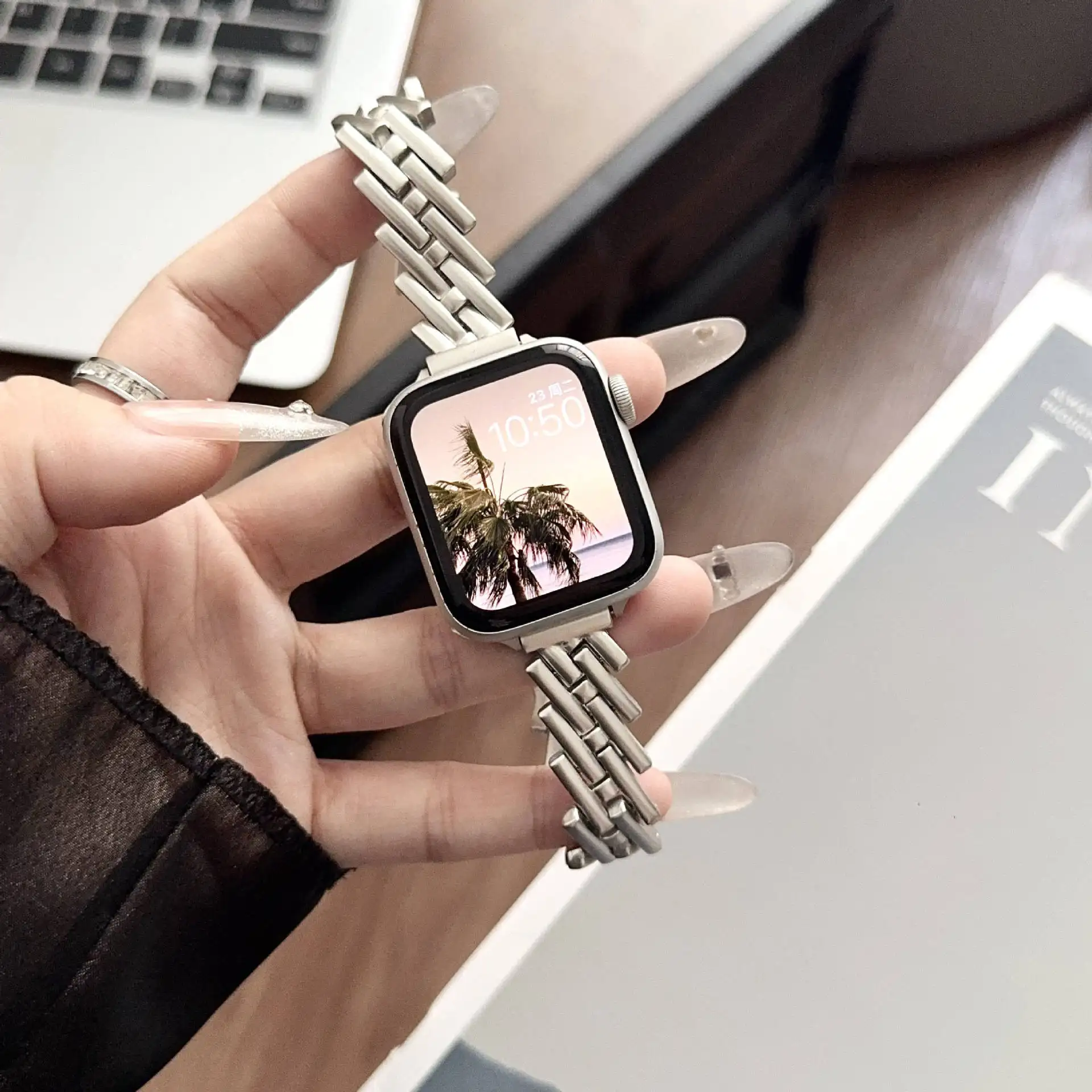 Diagonal-striped Butterfly-clasp Metal Watch Strap