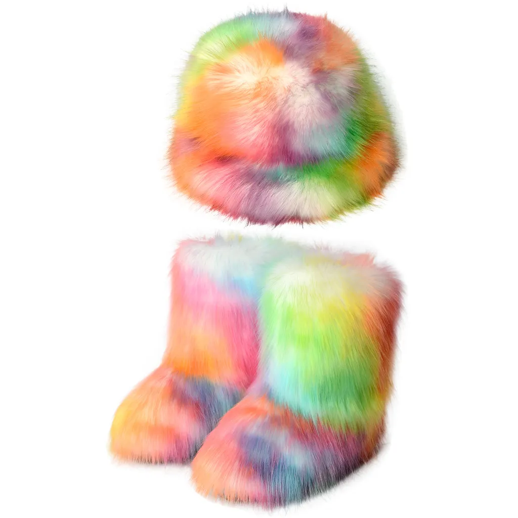 Warm Plush Boots Color Fur Bucket Hat - Color 3 Suit-40