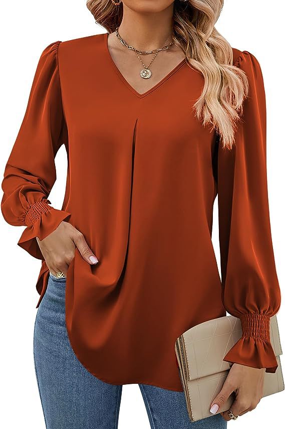 Women's Fashion Casual Solid Color Chiffon Shirt V-neck Long Sleeve Top - Image 6