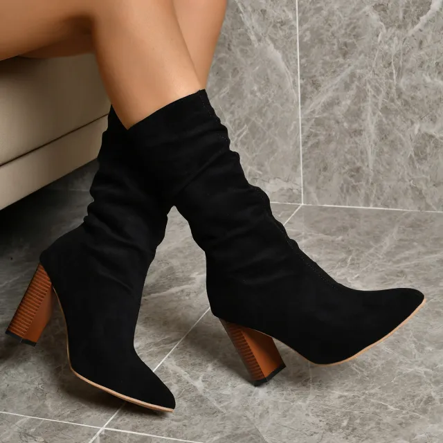 Plus Size Fashion New Chunky Heel Pointed toe Fashion Middle Boots Black - Shop at LoveMi