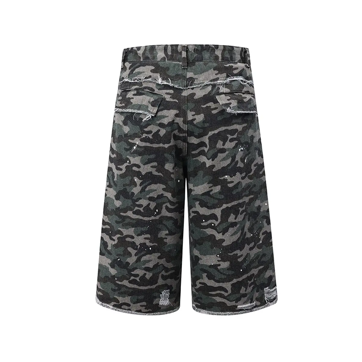 Retro Washed Damaged Camouflage Denim Shorts