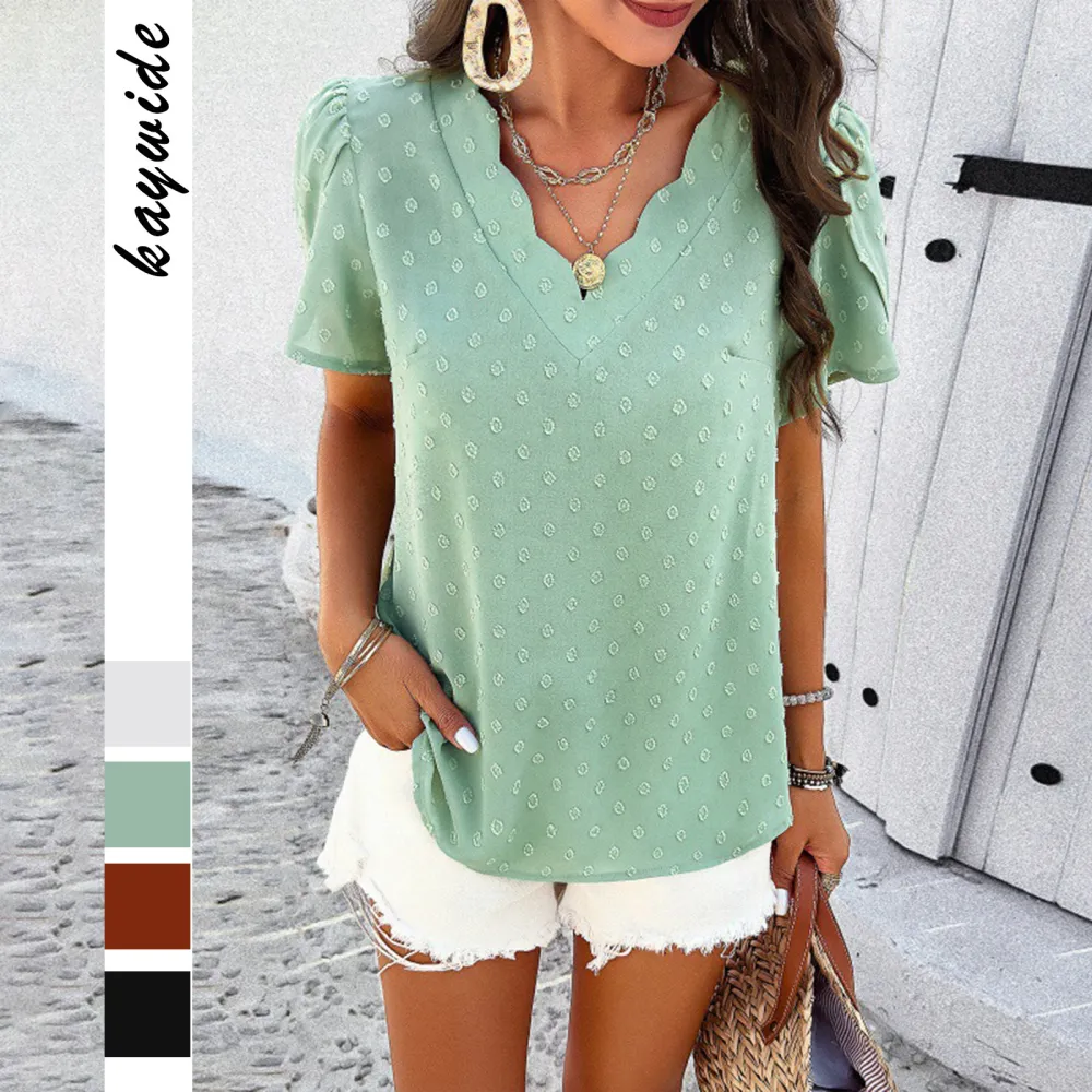 Spring And Summer Leisure Solid Color And V-neck Short Sleeve Top