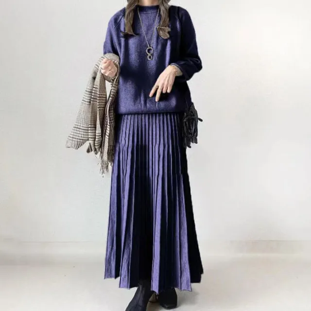 Women's Long Sleeve Pleated Skirt Fashion Suit Blue - Shop at LoveMi