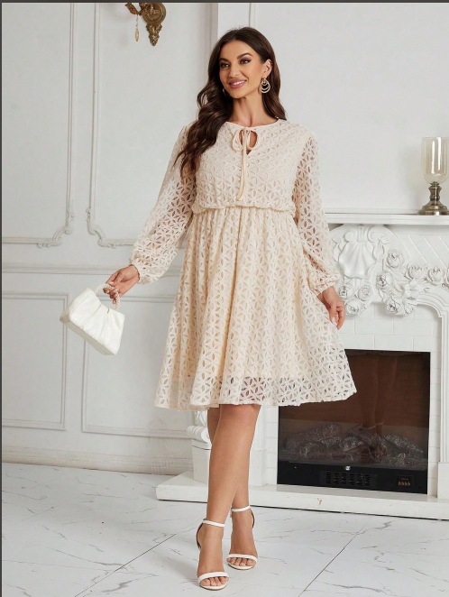 Lace Lace up Graceful And Fashionable Long Sleeve Plus Size Dress Apricot Beige - Shop at LoveMi