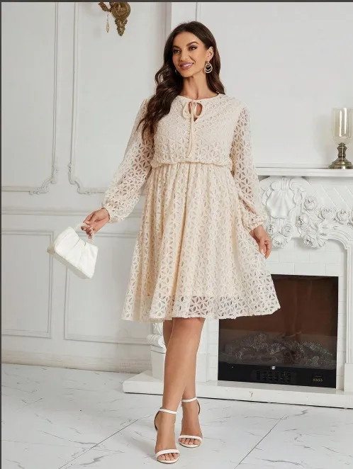Lace Lace up Graceful And Fashionable Long Sleeve Plus Size Dress Apricot - Shop at LoveMi