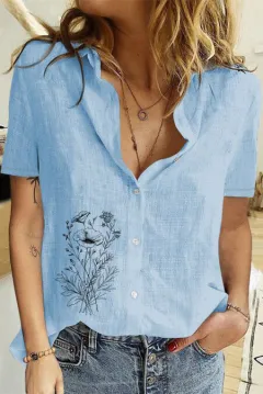 Women's Printed Linen Shirt Short Sleeve - Blue 1342 - View 1