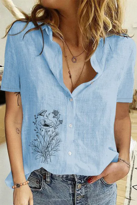 Women's Printed Linen Shirt Short Sleeve - Blue 1342