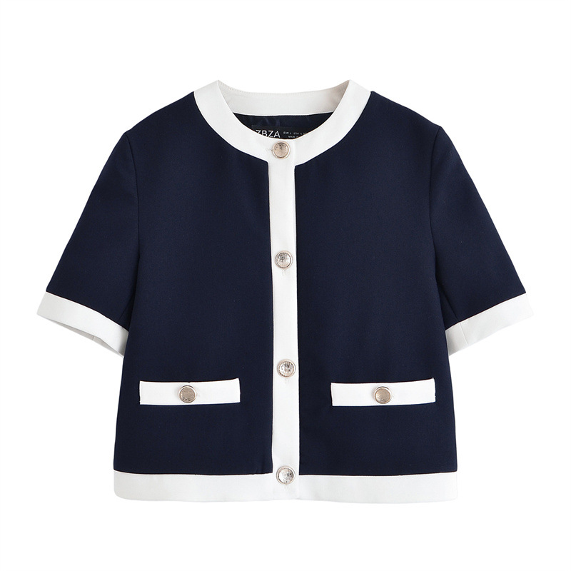 Contrast Color Trim Short Sleeve Jacket Trousers Suit Top - Shop at LoveMi