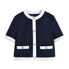 Contrast Color Trim Short Sleeve Jacket Trousers Suit - Top-Xs - View 1