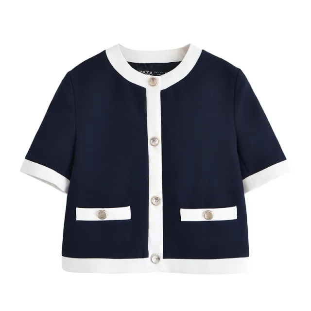 Contrast Color Trim Short Sleeve Jacket Trousers Suit Top Xs - Shop at LoveMi