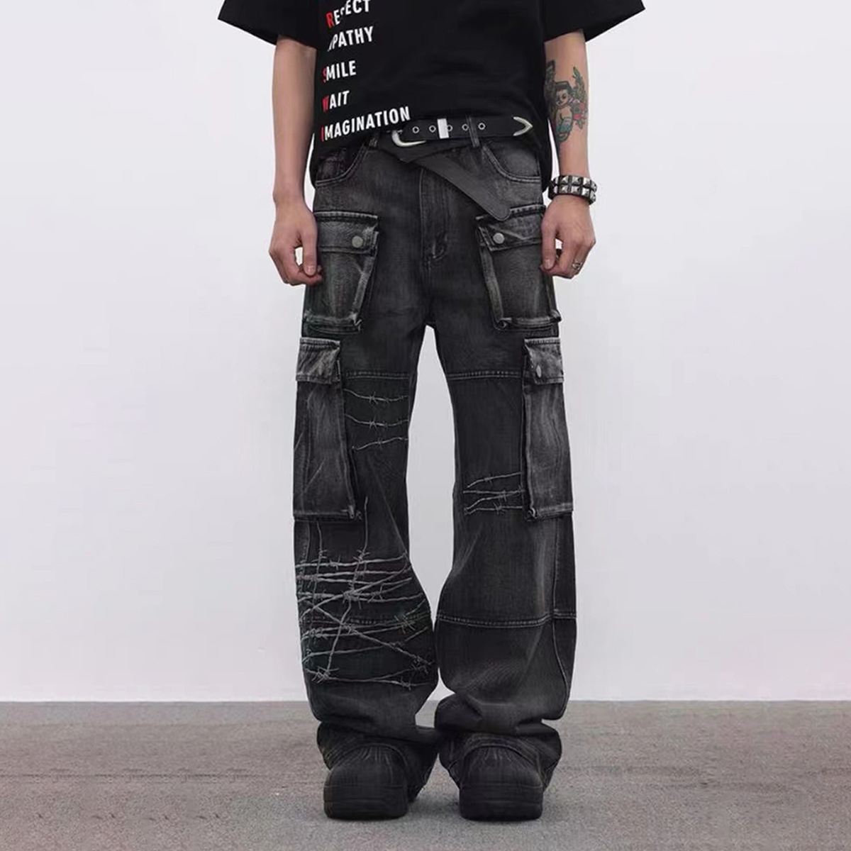 Men's Embroidery Loose-fitting Wide-leg Trousers