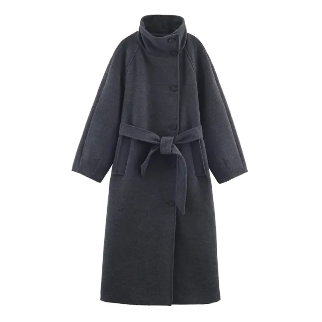Women's Stand Collar Belt Overcoat Coat Gray - Shop at LoveMi