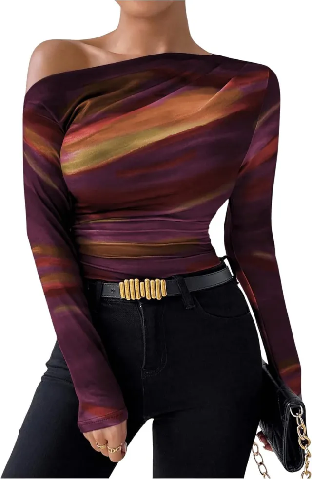 New Fashion Tie dye Printed Asymmetric Ruffled Long sleeved T shirt Orange Red - Shop at LoveMi