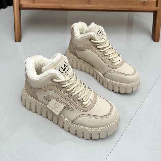 Fleece lined Warm White Shoes For Women High top Board Shoe Khaki - Shop at LoveMi