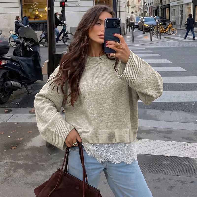 Round-neck Pullover Lace-panel Loose Sweater