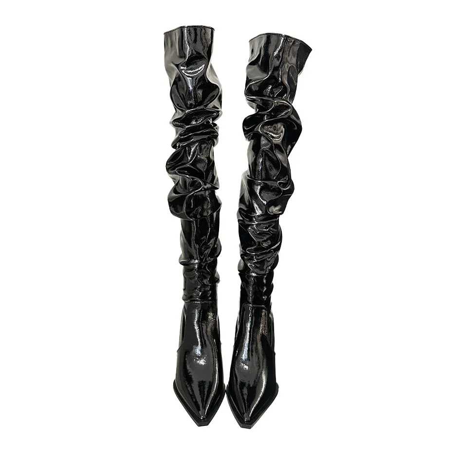 Autumn Stiletto Heel Pile Style High Heel Over The Knee Boots - Black