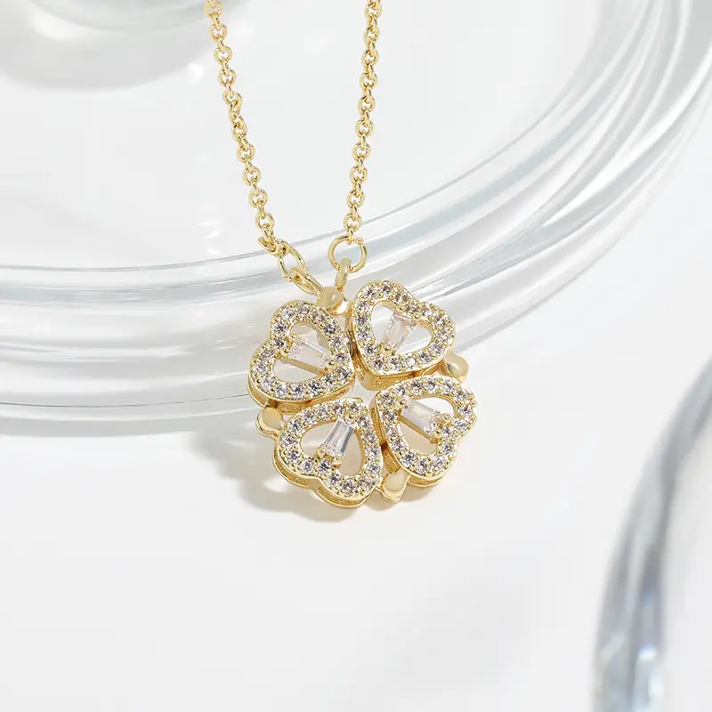 Dual-wear-style Love Heart Flowers Heart-shaped Four-leaf Clover Necklace