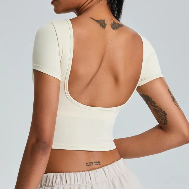 Sexy Beauty Back Yoga Clothes Short Sleeve Tight Quick drying Exercise T shirt White - Shop at LoveMi